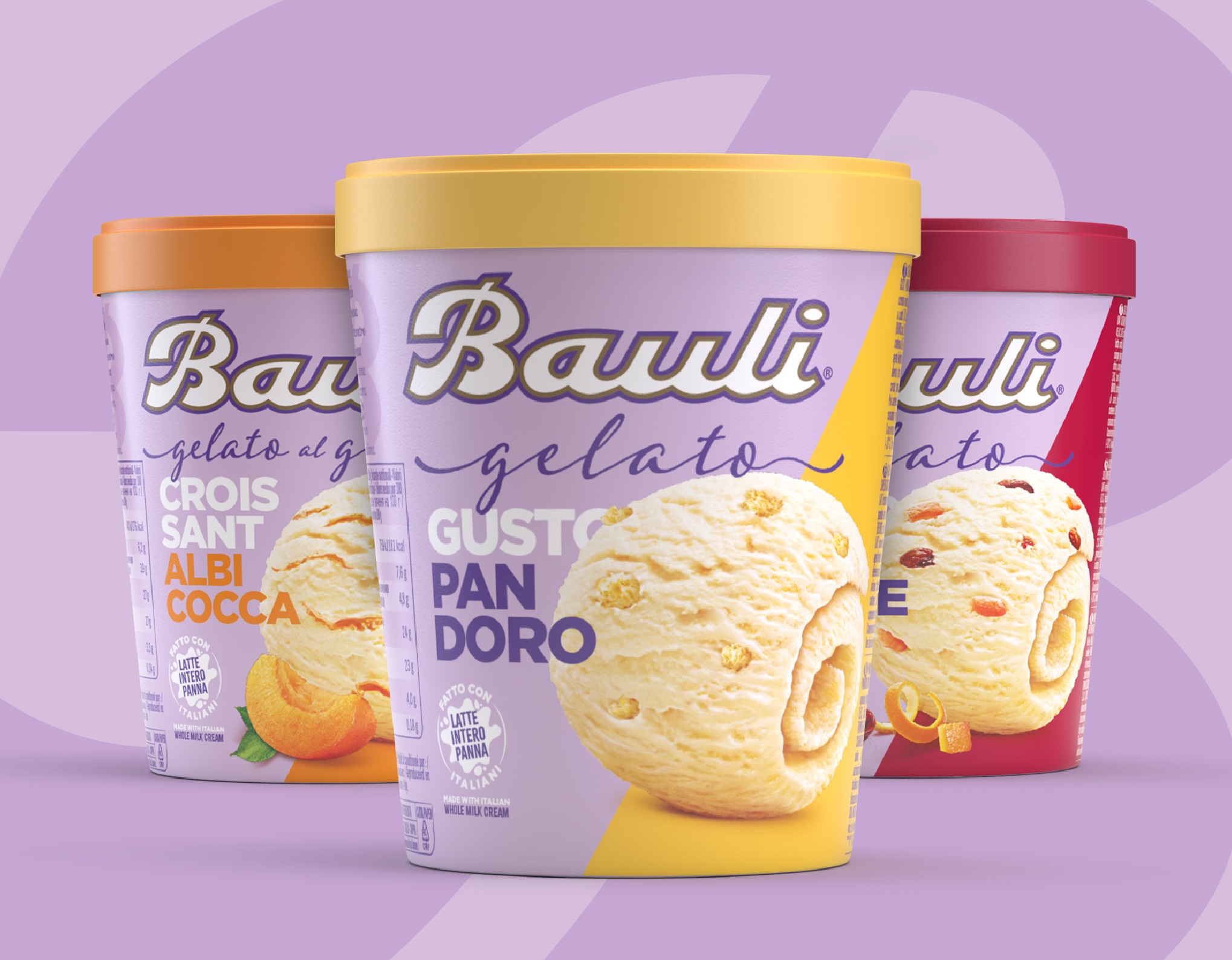 3 barattolini di gelato bauli gusto pandoro, albicocca e panettone